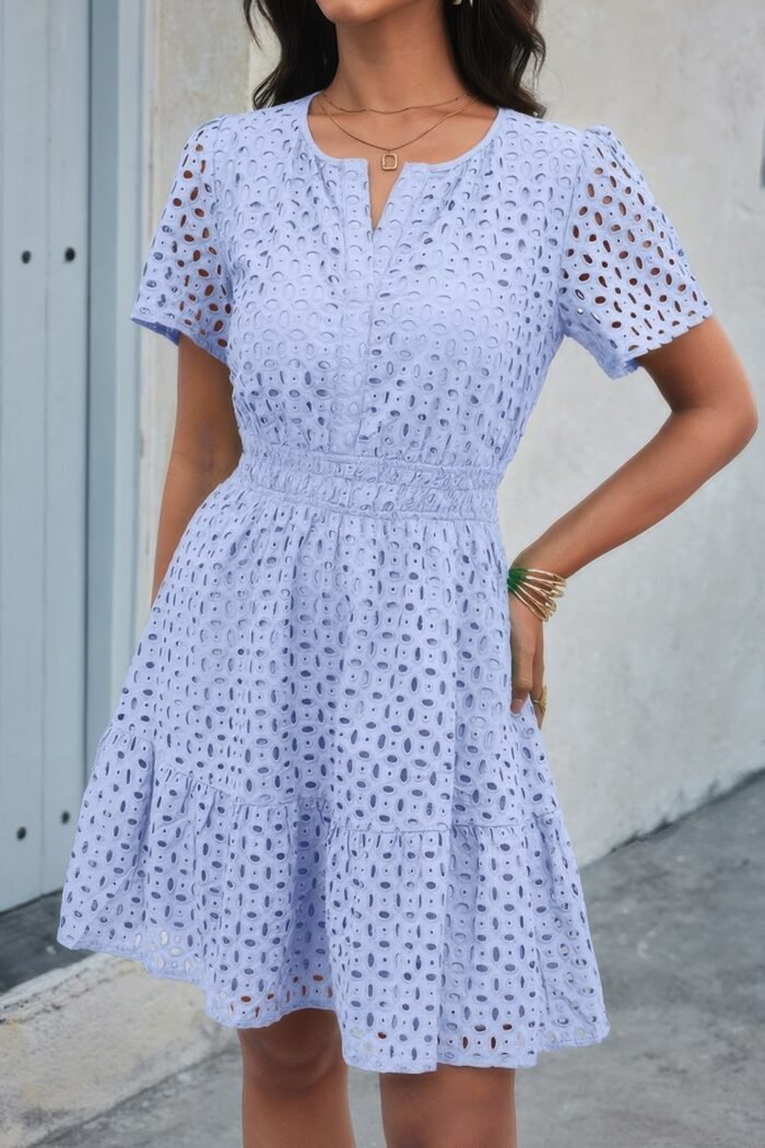 V Neck Lace Solid Lace Ruffle Hollow A Line Dress - Image 1
