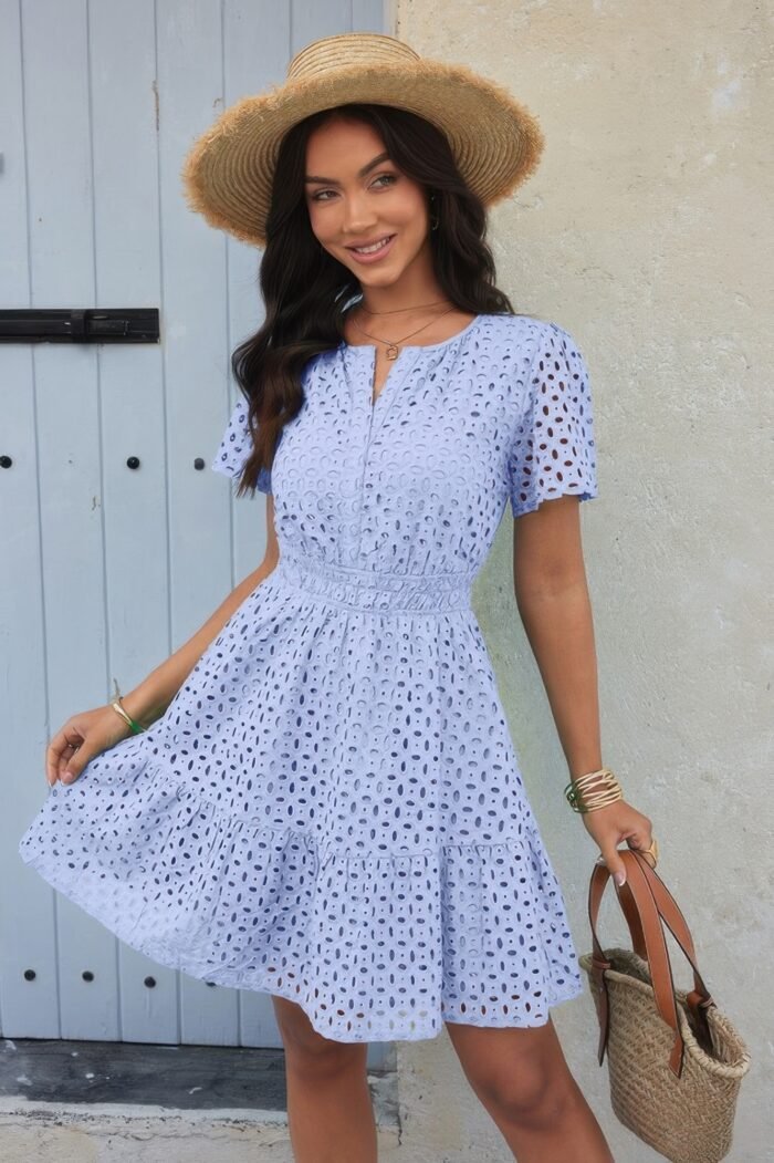 V Neck Lace Solid Lace Ruffle Hollow A Line Dress - Image 4
