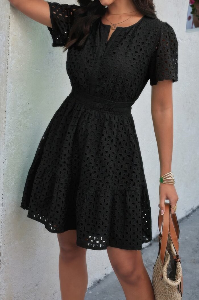 V Neck Lace Solid Lace Ruffle Hollow A Line Dress - Image 7