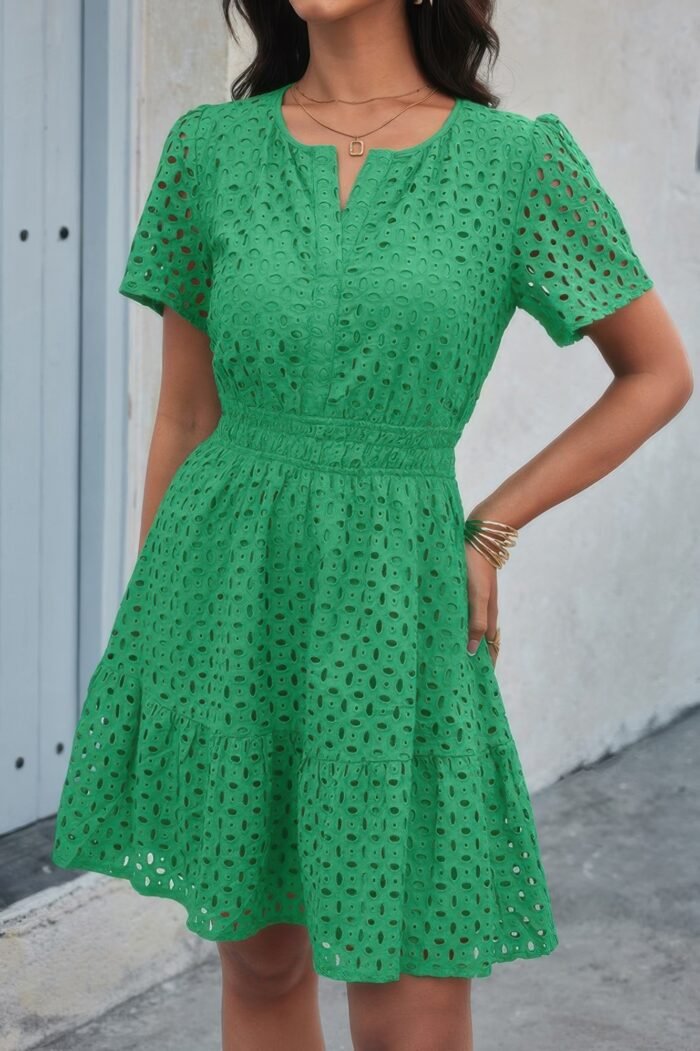 V Neck Lace Solid Lace Ruffle Hollow A Line Dress - Image 11