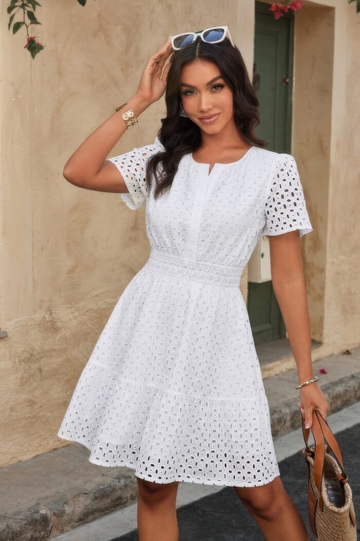 V Neck Lace Solid Lace Ruffle Hollow A Line Dress - Image 16