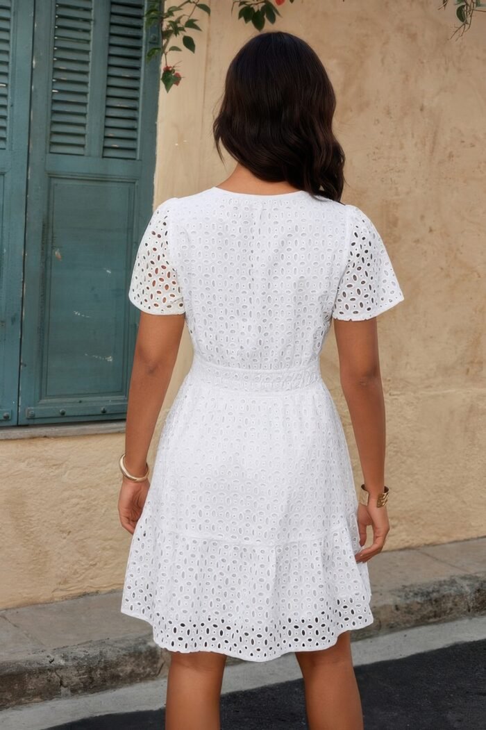 V Neck Lace Solid Lace Ruffle Hollow A Line Dress - Image 18