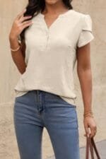 V Neck Puff Notched Short Sleeve Button Down Shirt