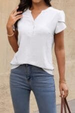 V Neck Puff Notched Short Sleeve Button Down Shirt