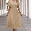 Solid Elastic Waist Band Pleated V Neck Dress