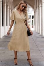 Solid Elastic Waist Band Pleated V Neck Dress - Image 2