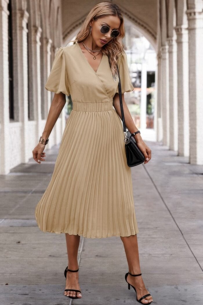 Solid elastic waist band pleated v neck dress - image 2