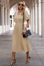 Solid Elastic Waist Band Pleated V Neck Dress - Image 3