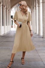 Solid Elastic Waist Band Pleated V Neck Dress - Image 4
