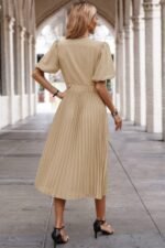 Solid Elastic Waist Band Pleated V Neck Dress - Image 5