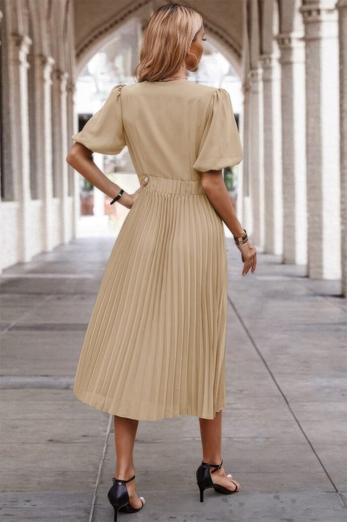 Solid elastic waist band pleated v neck dress - image 5
