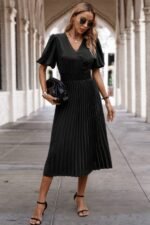 Solid Elastic Waist Band Pleated V Neck Dress - Image 6