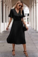 Solid Elastic Waist Band Pleated V Neck Dress - Image 7