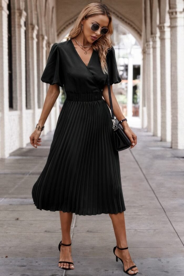 Solid elastic waist band pleated v neck dress - image 7