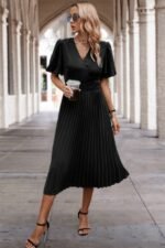 Solid Elastic Waist Band Pleated V Neck Dress - Image 8