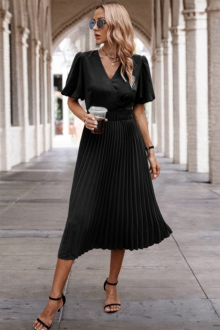 Solid elastic waist band pleated v neck dress - image 8