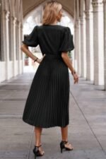 Solid Elastic Waist Band Pleated V Neck Dress - Image 9
