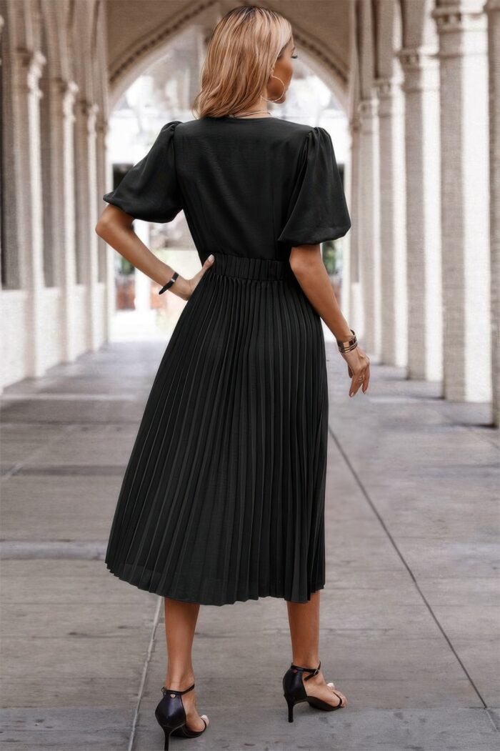 Solid elastic waist band pleated v neck dress - image 9
