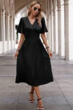 Solid Elastic Waist Band Pleated V Neck Dress - Image 10