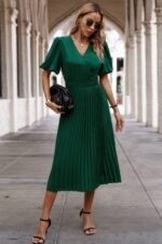 Solid Elastic Waist Band Pleated V Neck Dress - Image 11
