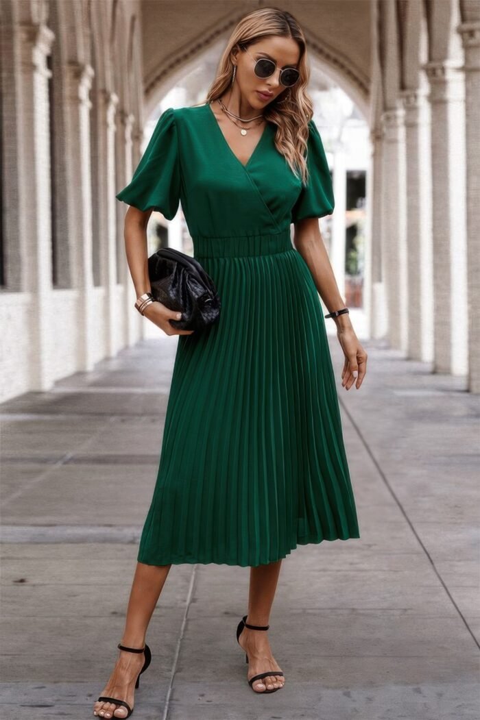 Solid elastic waist band pleated v neck dress - image 11