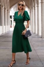 Solid Elastic Waist Band Pleated V Neck Dress - Image 12