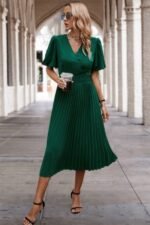 Solid Elastic Waist Band Pleated V Neck Dress - Image 14