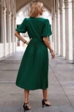 Solid Elastic Waist Band Pleated V Neck Dress - Image 15