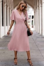 Solid Elastic Waist Band Pleated V Neck Dress - Image 16