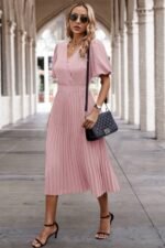 Solid Elastic Waist Band Pleated V Neck Dress - Image 17