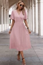 Solid Elastic Waist Band Pleated V Neck Dress - Image 18