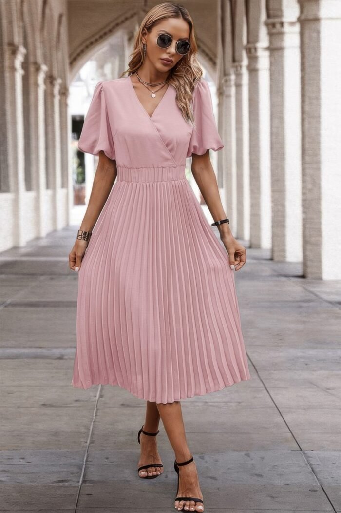 Solid elastic waist band pleated v neck dress - image 18