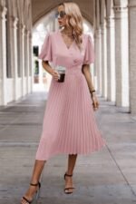 Solid Elastic Waist Band Pleated V Neck Dress - Image 19