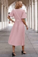 Solid Elastic Waist Band Pleated V Neck Dress - Image 20