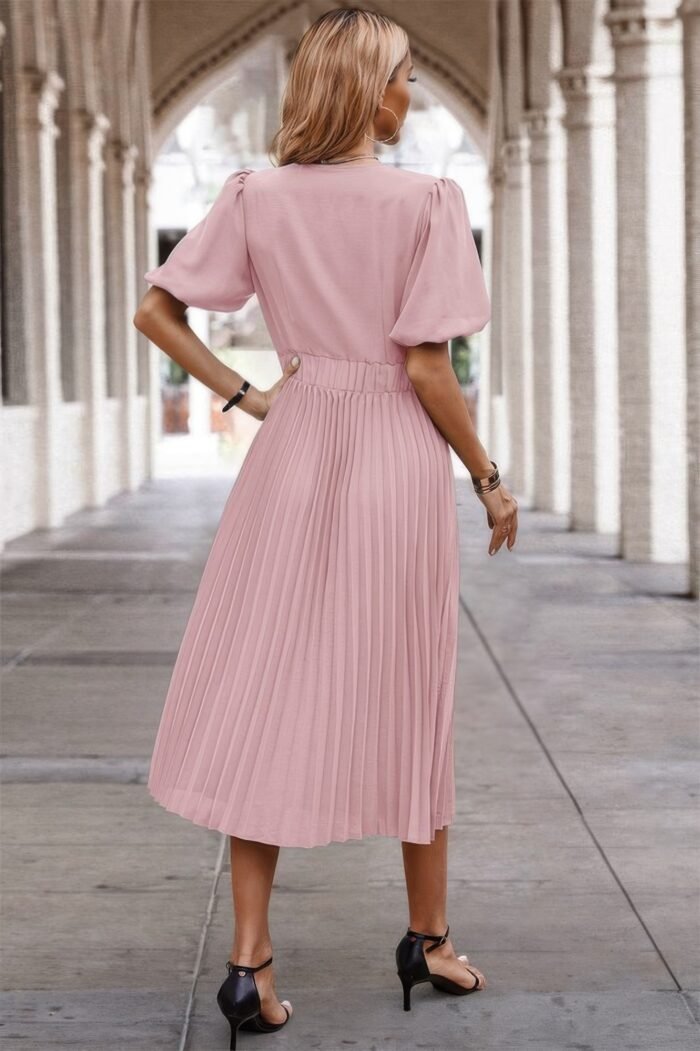 Solid elastic waist band pleated v neck dress - image 20