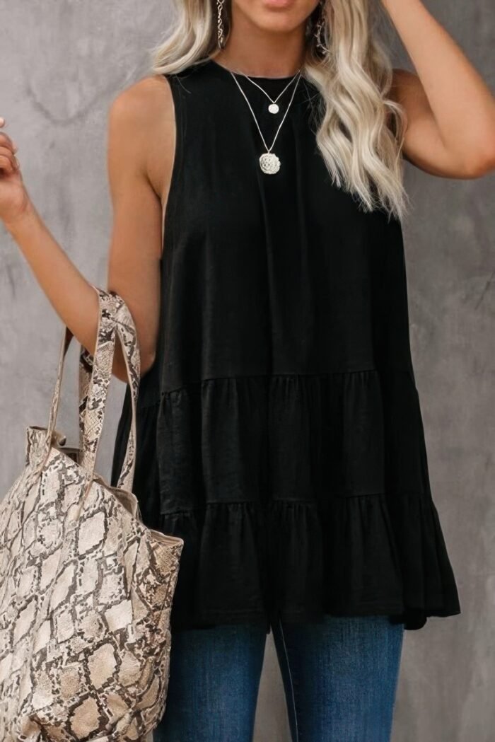 Sleeveless Loose Ruffle Hem Flared Tunic Top - Image 1