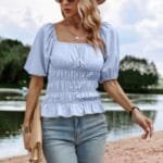 Solid Square Neck Shirred Flounce Sleeve Peplum Blouse