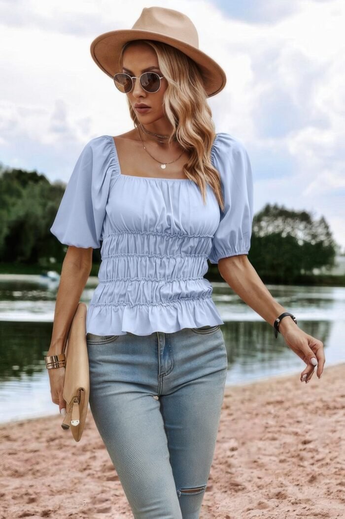 Solid Square Neck Shirred Flounce Sleeve Peplum Blouse - Image 1