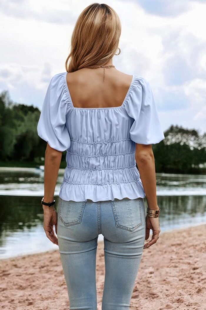 Solid Square Neck Shirred Flounce Sleeve Peplum Blouse - Image 3