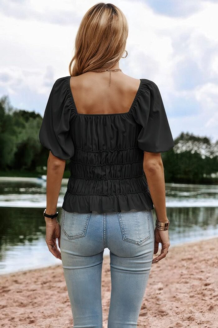 Solid Square Neck Shirred Flounce Sleeve Peplum Blouse - Image 5