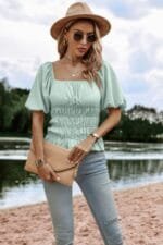 Solid Square Neck Shirred Flounce Sleeve Peplum Blouse