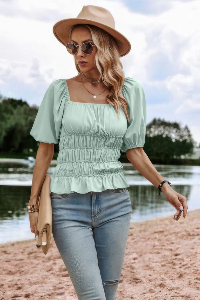 Solid Square Neck Shirred Flounce Sleeve Peplum Blouse - Image 7