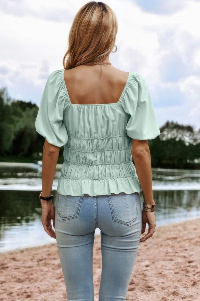Solid Square Neck Shirred Flounce Sleeve Peplum Blouse - Image 9