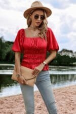 Solid Square Neck Shirred Flounce Sleeve Peplum Blouse