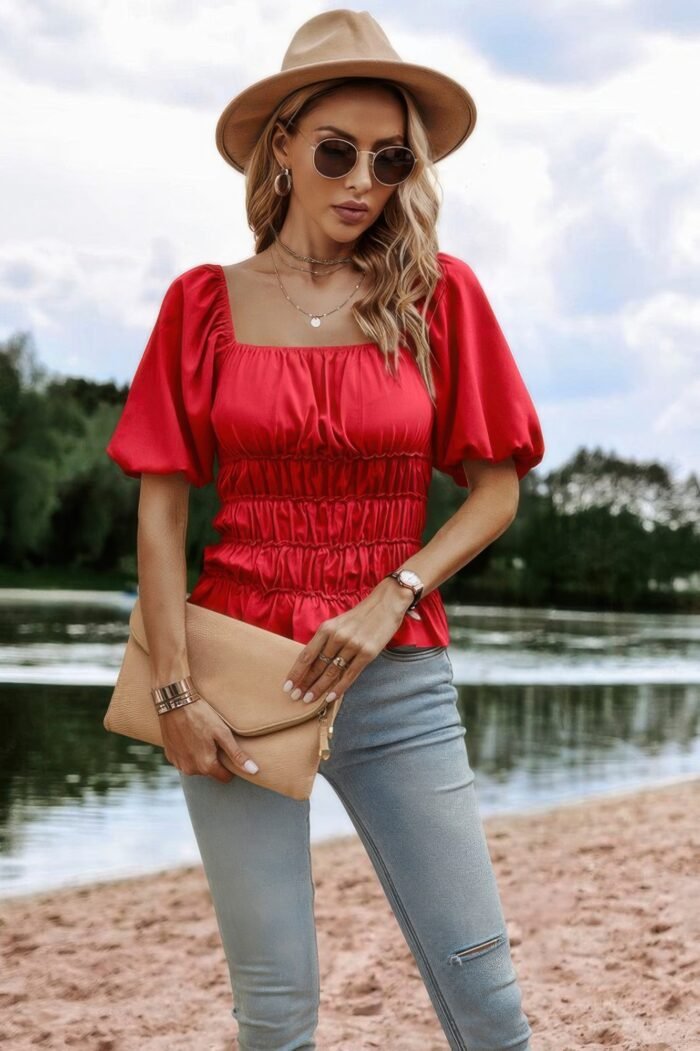 Solid Square Neck Shirred Flounce Sleeve Peplum Blouse - Image 10