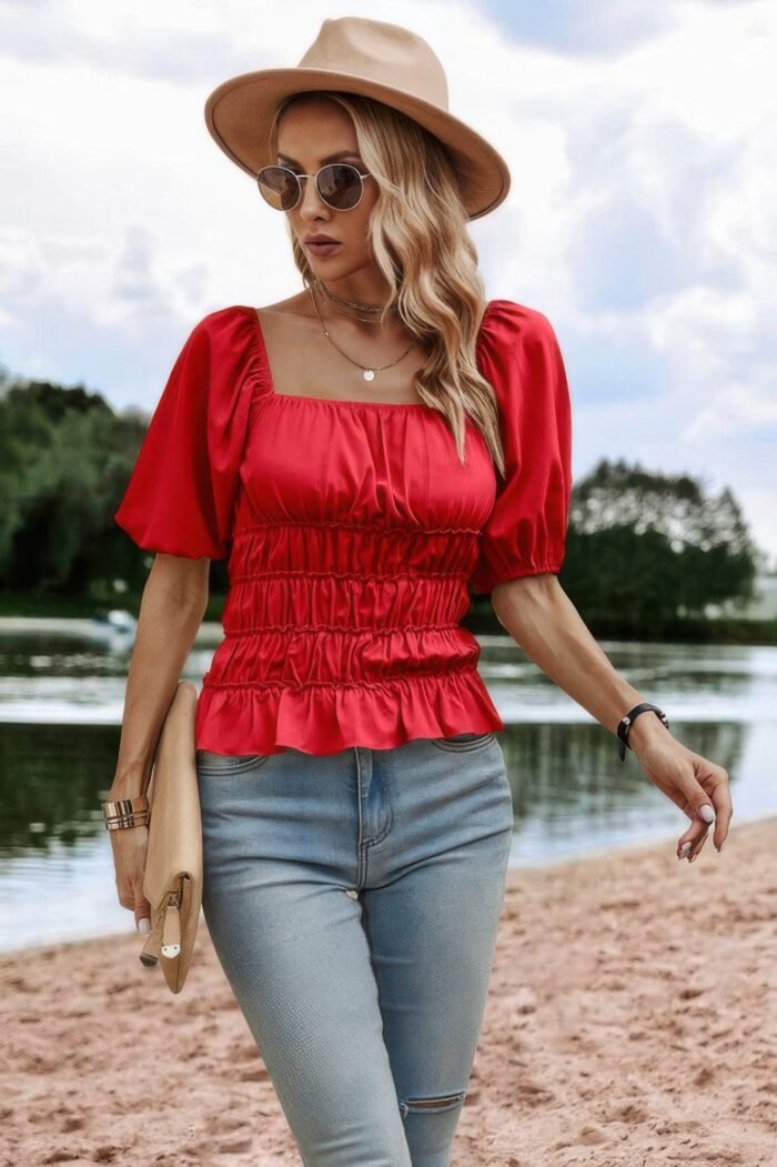 Solid Square Neck Shirred Flounce Sleeve Peplum Blouse - Image 11