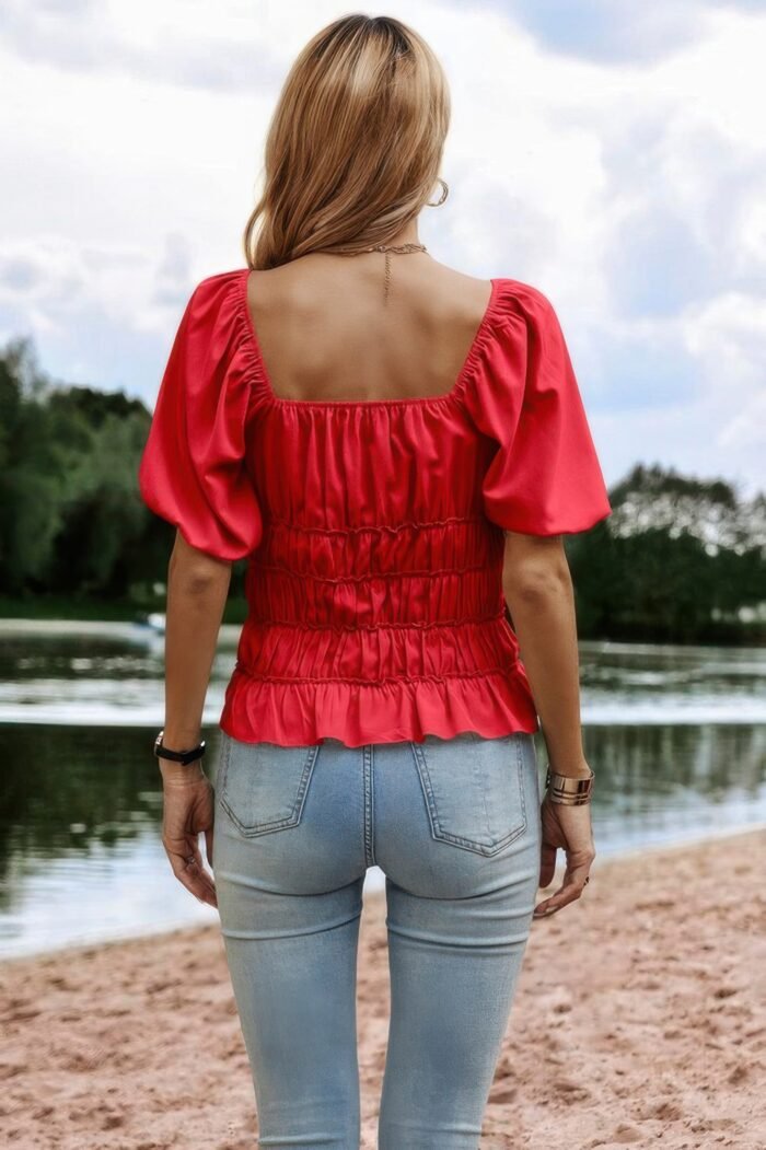 Solid Square Neck Shirred Flounce Sleeve Peplum Blouse - Image 12