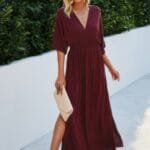 Solid V Neck Dolman Sleeves Maxi Split Dress