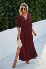 Solid V Neck Dolman Sleeves Maxi Split Dress