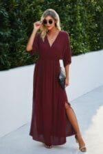 Solid V Neck Dolman Sleeves Maxi Split Dress